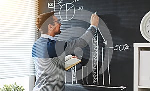 Happy male student, teacher, freelancer with chalk at blackboard