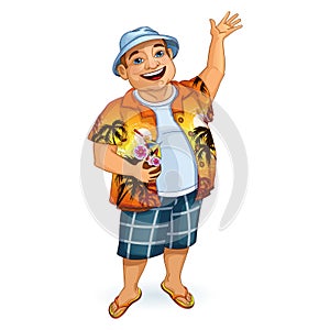 A happy male tourist in a Hawaiian shirt and Panama waving his hand. He holds a cocktail in his hand in a coconut. photo