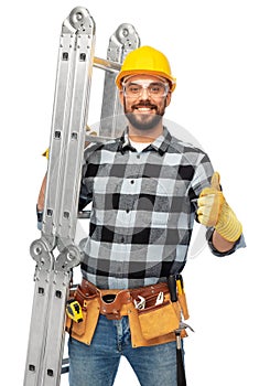 Happy male worker or builder in helmet with ladder