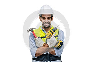 happy male worker house handy man fix repair service with builder tools equipments isolated on white background with clipping path