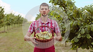 Happy man agronomist shows good harvest of raw hazelnuts holding full nuts basket in hands in garden