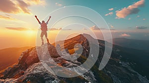 Happy man with arms up jumping on the top of the mountain - Successful hiker .celebrating success on the cliff