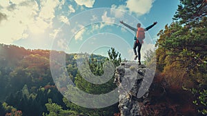 Happy man with arms up jumping on the top of the mountain - Successful hiker .celebrating success on the cliff