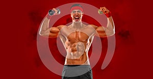 Happy man athlete with dumbbell on red background. Gym full body workout. Muscular man athlete in fitness gym have havy