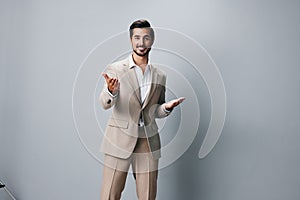 happy man beige handsome copyspace folded businessman portrait business smiling suit