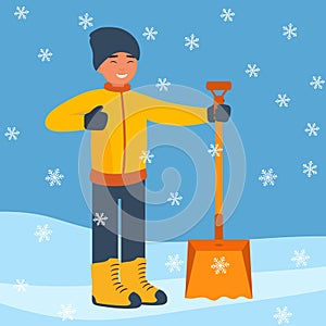 Happy man with a big winter shovel for snow to start cleaning the snow. Winter landscape with falling snowflakes. Flat
