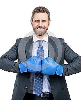 Happy man boss hold boxing gloves together ready to fight isolated on white, fighting