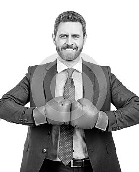 Happy man boss hold boxing gloves together ready to fight isolated on white, fighting