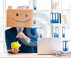 Happy man with box instead of his head