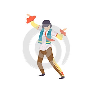 Happy Man in Bright Costume Dancing at Folklore Party, Festa Junina Brazil June Festival Vector Illustration