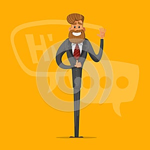 Happy man businessman greets and says that everything is OK. Stylish businessman-hipster. Vector illustration.