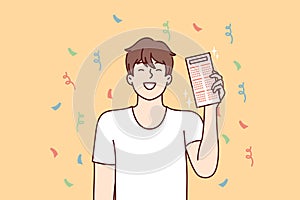 Happy man with calendar or schedule smiling while standing among falling confetti. Vector image