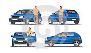 Happy man with a car on a white background in different views. The guy buys, rents, and drives a city hatchback. Insurance and