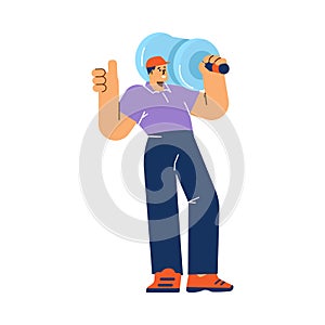Happy man carrying big bottle of clean water, flat vector illustration isolated on white background.