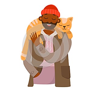 Happy man carrying cute cat on shoulders with love care, pet owner standing with animal