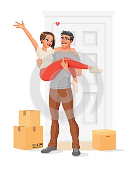 Happy man carrying his wife near their new home. Moving to a new house. Isolated vector illustration