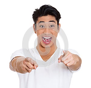 happy man in casual clothes indicates happily at you