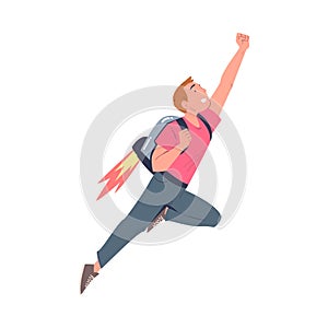 Happy Man Character with Jetpack Flying Propelling Through the Air Vector Illustration