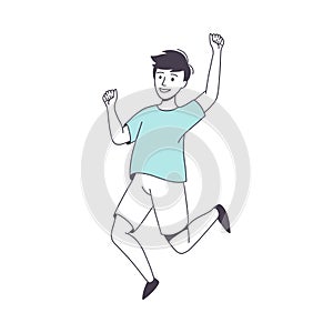 Happy Man Character Jumping with Raised Hands Excited with Something Vector Illustration