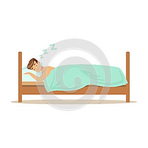 Happy man character sleeping in his bed, people resting vector Illustration