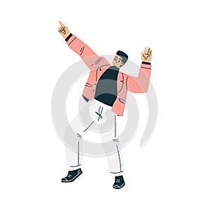 Happy Man Character Stand Point Finger at Something Show Hand Gesture Vector Illustration