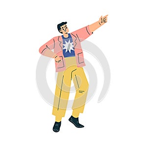 Happy Man Character Stand Point Finger at Something Show Hand Gesture Vector Illustration