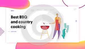 Happy Man Cooking BBQ Landing Page. Male Character Cook Grill Meat. Outdoor Barbecue and Sausages on Fire