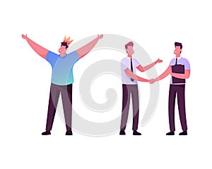 Happy Man in Crown on Head Rejoice with hands Up. Businessmen Characters Shaking Hands Isolated