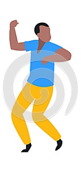 Happy man dancing. Cartoon dancer. Male having fun at disco. Young person performing choreographic movement. Character