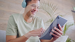 Happy man, digital tablet or headphones for social media, music library playlist or podcast streaming in house living