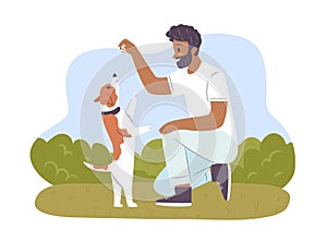 Happy man with dog in a park. Dog performing tricks. Guy is training his pet outdoors. Hand drawn vector flat