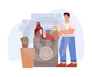 Happy man doing laundry, flat vector illustration isolated on white background.