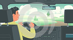 Happy man driving a car rear view. Trip out of town or on business. Vector illustration