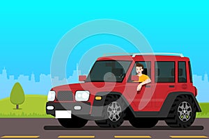 Happy man driving a new suv off road car with glad emotion. A male drive an endure vehicle in the city. Flat style vector illustra