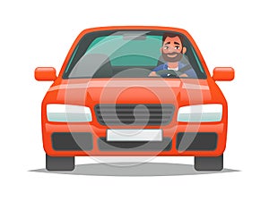 Happy man driving a red car. Sedan driver. Buying a new vehicle or a trip to work in personal transport