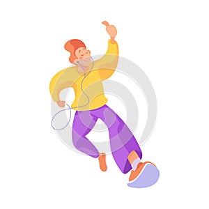 Happy Man with Earphones Engaged in Active Motion Showing Thumb Up Vector Illustration