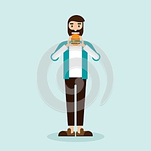 Happy man eating hamburger flat design