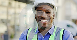 Happy man, engineering portrait and construction site, project management or outdoor, city building. Face of african