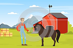 Happy Man Farmer in Dungaree Standing with Horse in the Yard Vector Illustration
