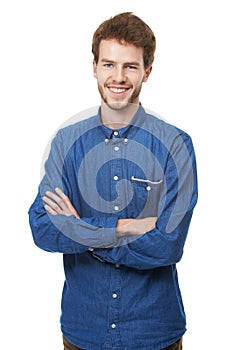 Happy man, fashion and style with confidence for denim shirt or casual clothing on a white studio background. Male