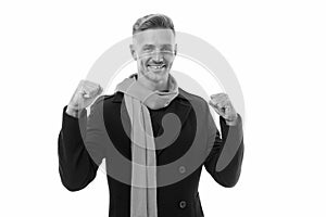 happy man feel the success. handsome male has groomed graying hair. mature guy isolated on white background. autumn