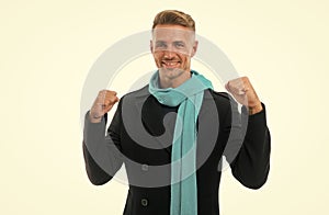 happy man feel the success. handsome male has groomed graying hair. mature guy isolated on white background. autumn