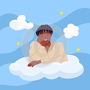 Happy man flying on cloud in blue sky, joyful boy lying to dream and rest, feeling love