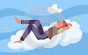 Happy man flying on cloud in blue sky to relax and dream, guy lying with comfort