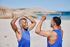 Happy man, friends and high five in fitness on beach for workout success, training or outdoor exercise. Excited male