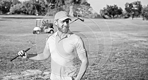 happy man after game on green grass. summer activity. professional sport outdoor.