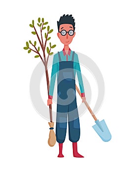 Happy man gardener or farmer with shovel and tree in hand on a white background. Cartoon character of man farming
