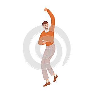 Happy man gesturing with fist up, expressing joy and celebrating success and victory. Delighted and rejoicing employee