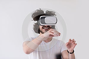 Man using headset of virtual reality