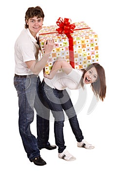 Happy man and girl with gift box.